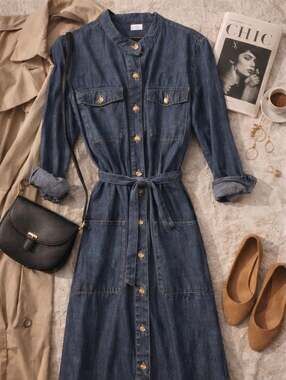 La Redoute French Denim Shirt Dress Utility Midi Button Front Size 36 / US 6